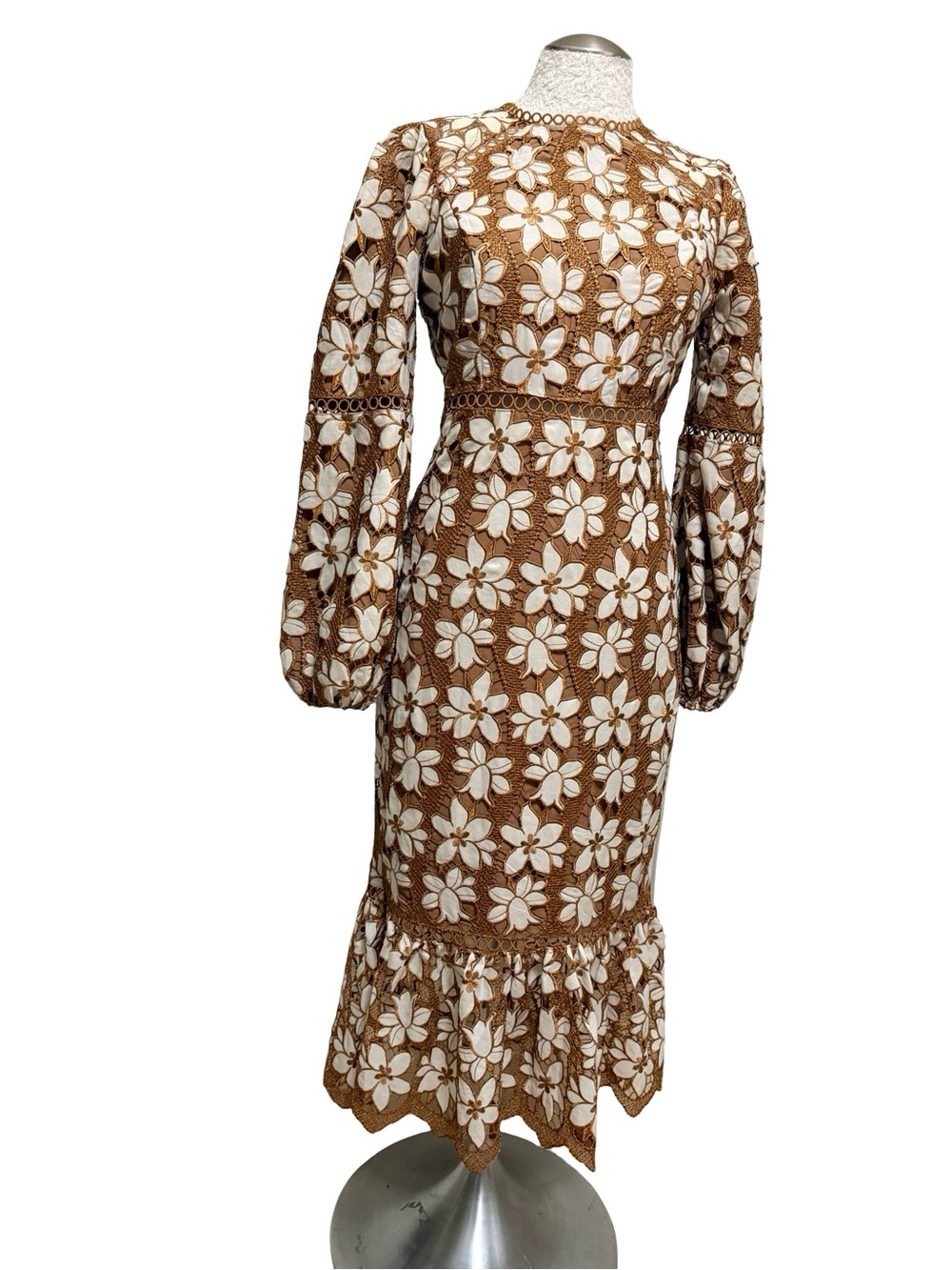 Petal & Pup Brown and White Floral Lace Long-Sleeve Midi Dress S
